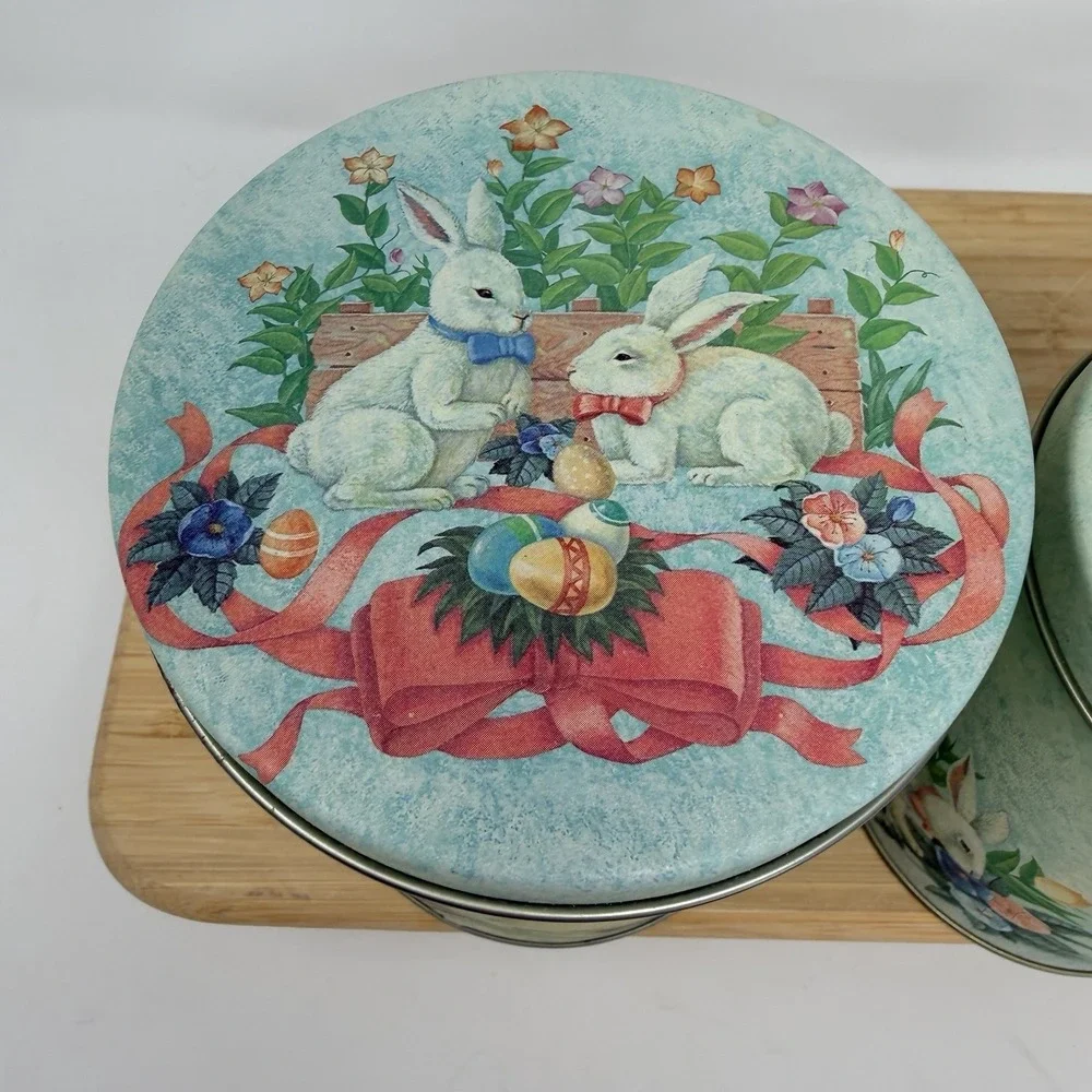 Vintage Easter Bunny Rabbit Nesting Tins Set of 2 Spring Floral Cottagecore